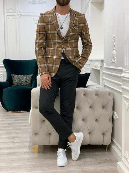 Florian Brown Slim Fit Peak Lapel Plaid Suit