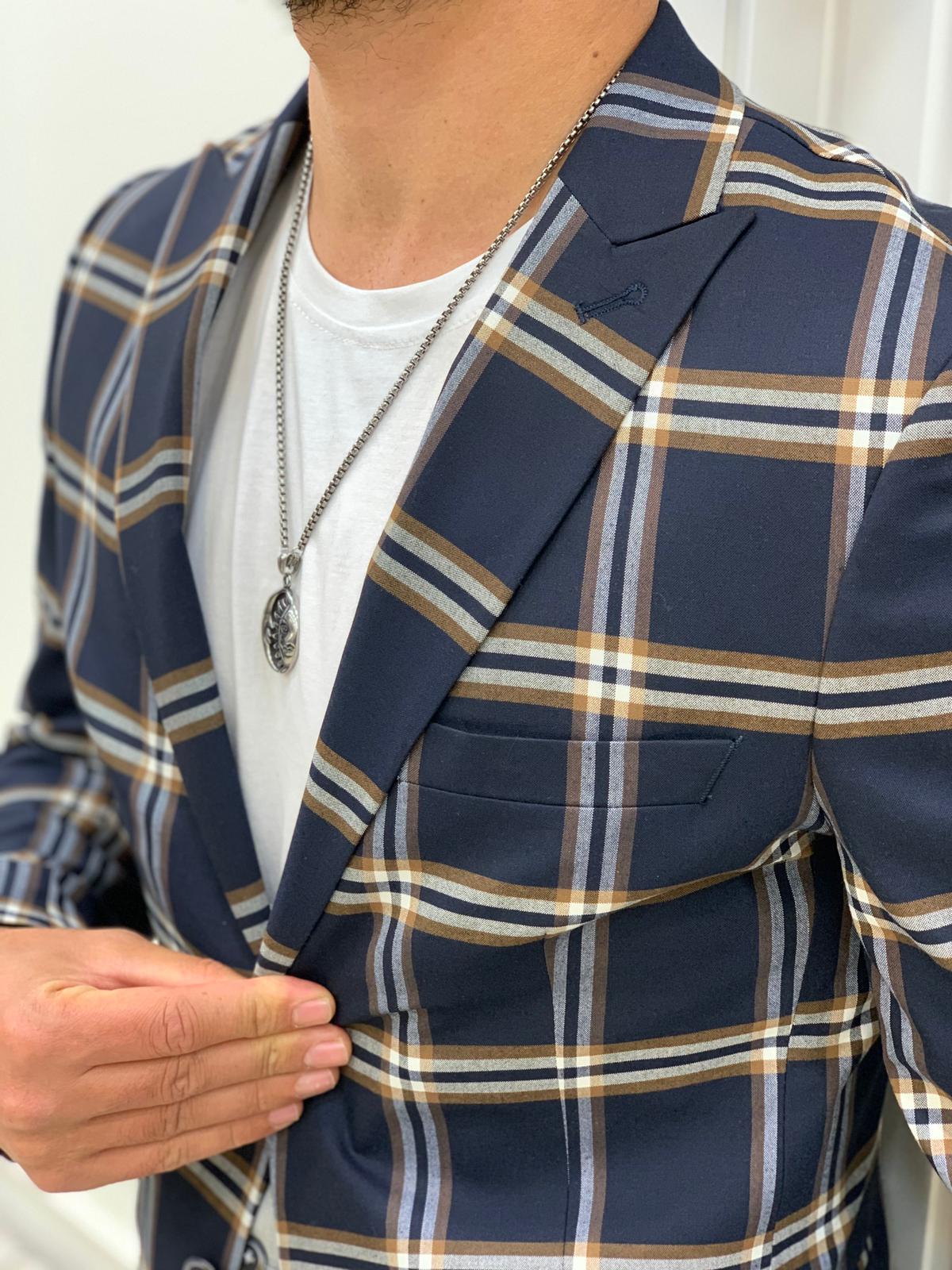 Florian Navy Blue Slim Fit Peak Lapel Plaid Suit