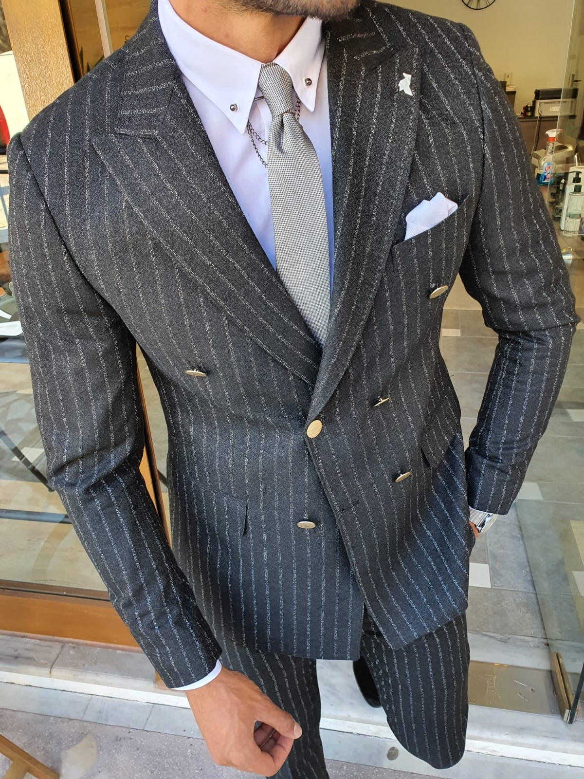 Edmond Black Slim Fit Pinstripe Double Breasted Suit – BRABION