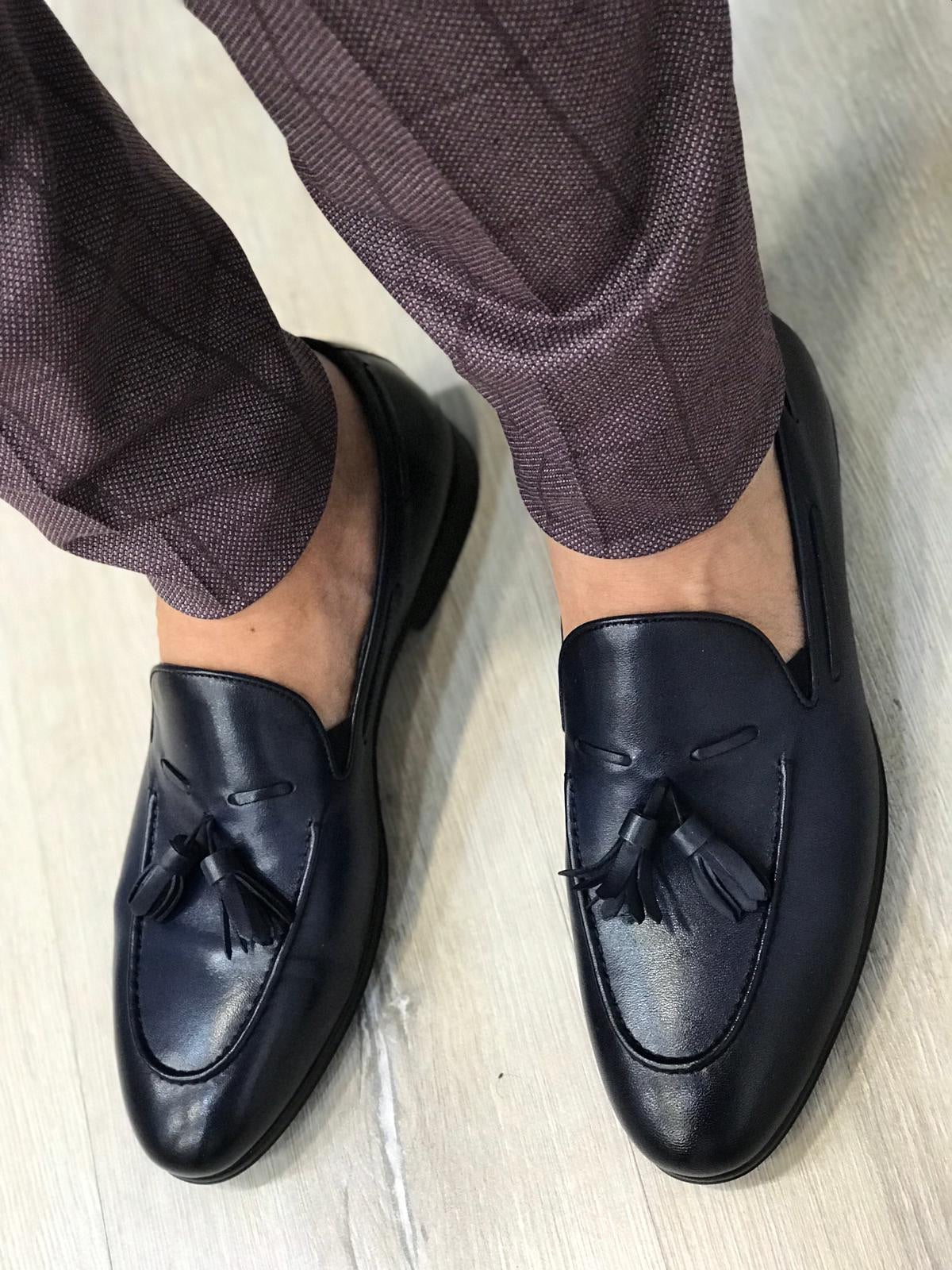 Tassel Leather Navy Loafers