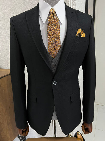 Lenzi Slim Fit Pointed Collared Black Woolen Suit
