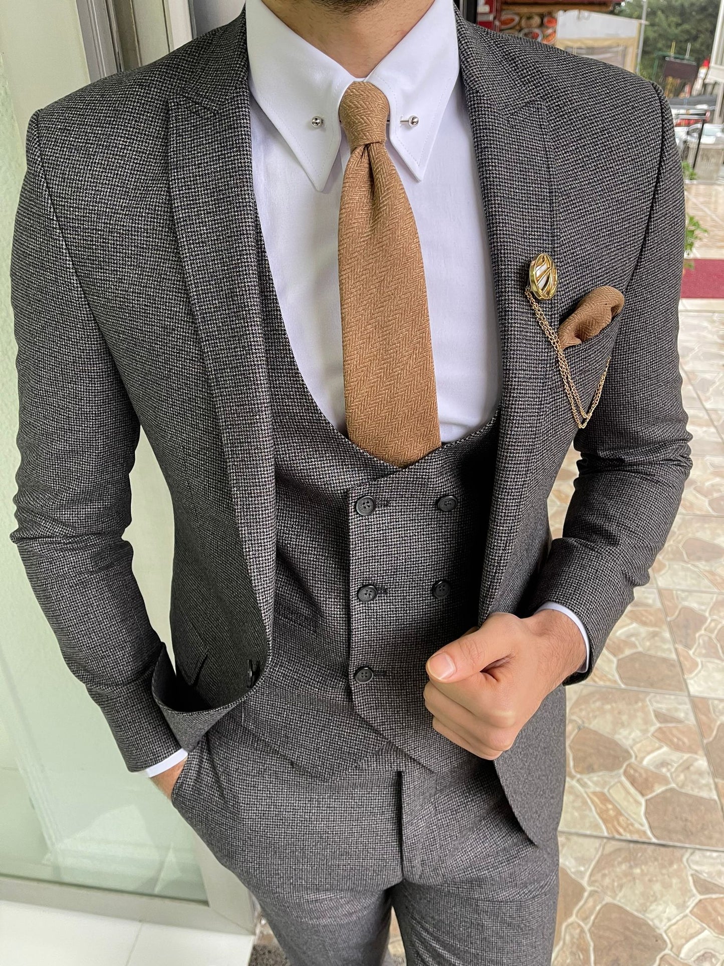 Davis Gray Slim Fit Peak Lapel Wool Suit