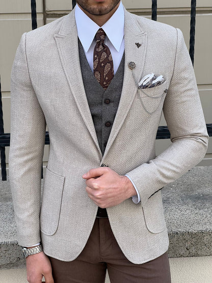 Edmond Beige Slim Fit Peak Lapel Combination Wool Suit