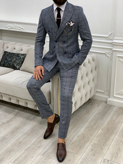 Rosario Blue Slim Fit Double Breasted Plaid Suit