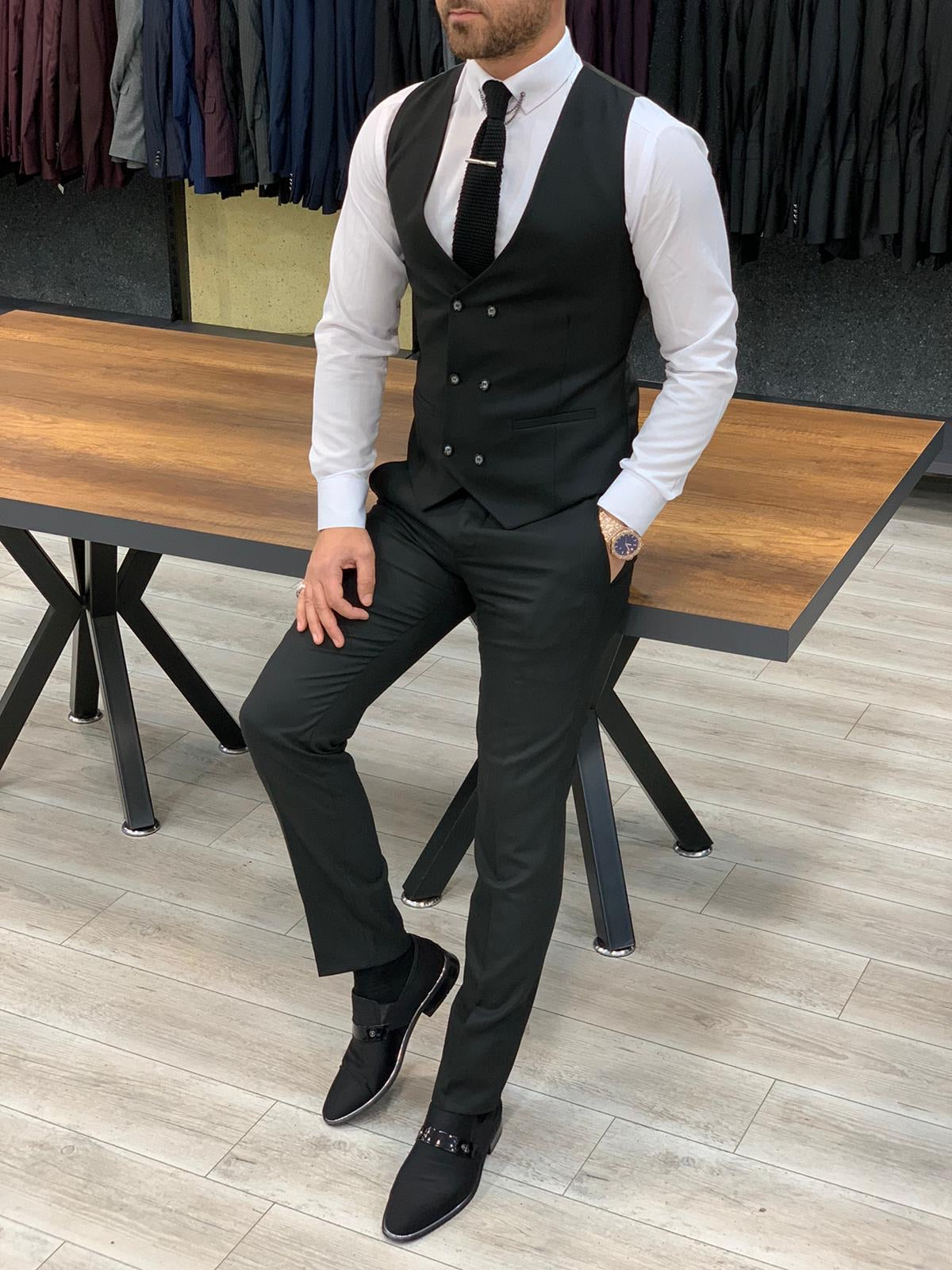 London Black Slim Fit Pinstripe Suit