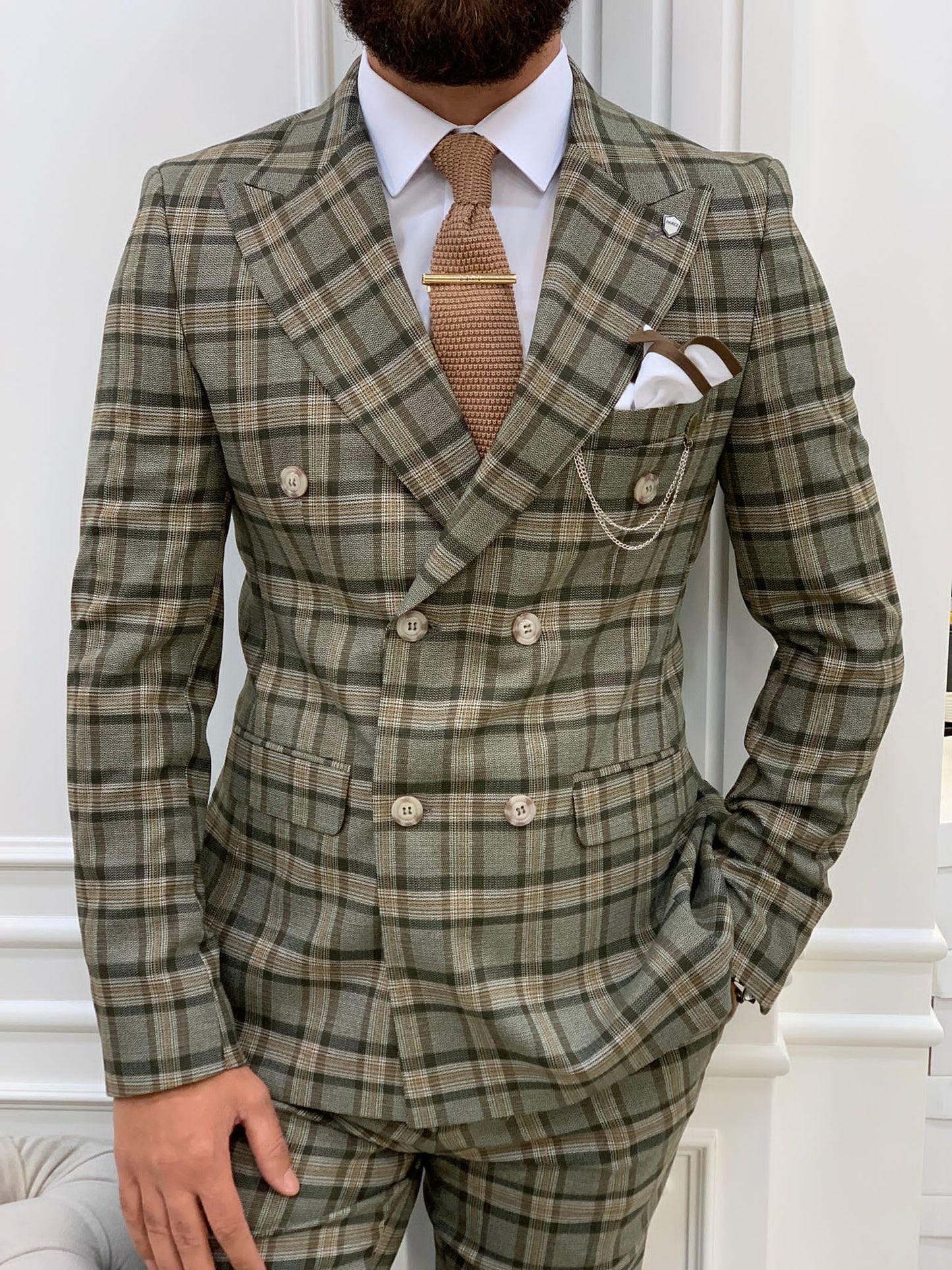Vince Khaki Slim Fit Double Breasted Plaid Suit
