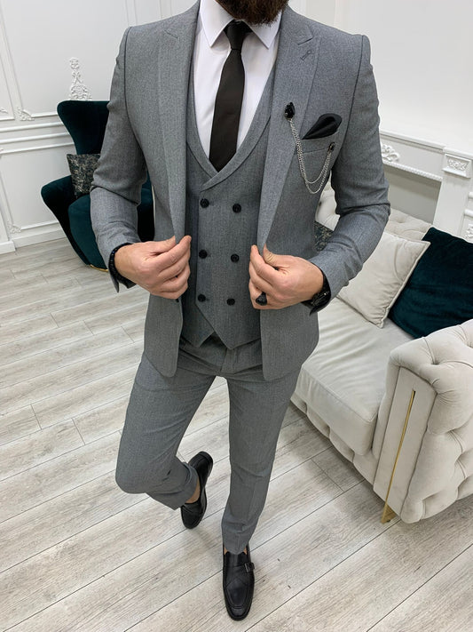 Bergen Gray Slim Fit Peak Lapel Crosshatch Suit