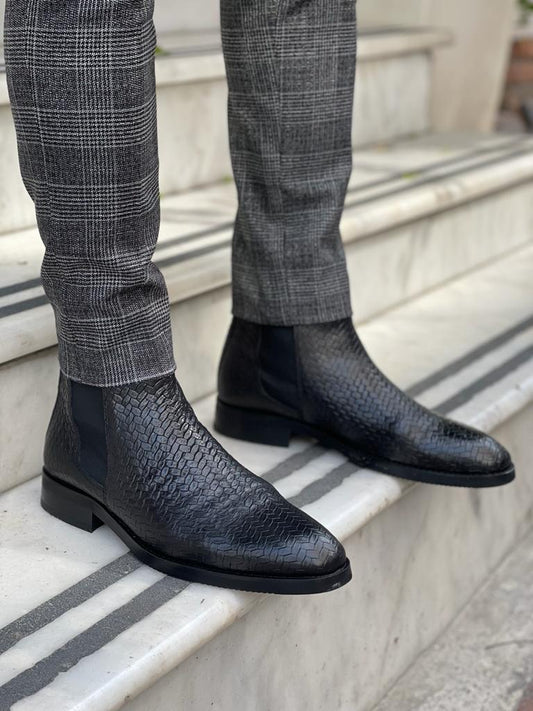 Remy Black Woven Leather Chelsea Boots