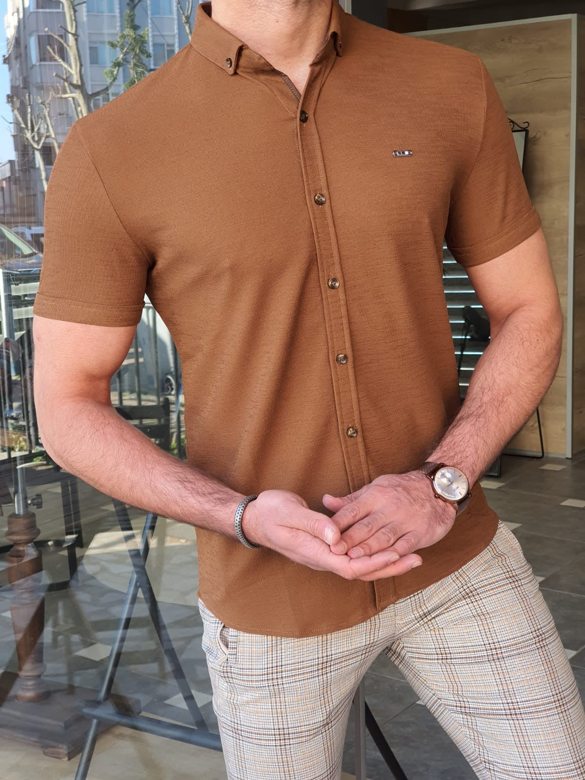 Brabion Napoli Camel Slim Fit Short Sleeve Shirt