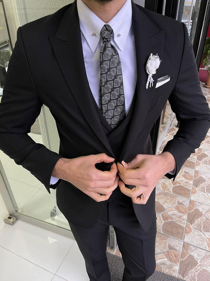 Tallin Black Slim Fit Peak Lapel Wool Suit