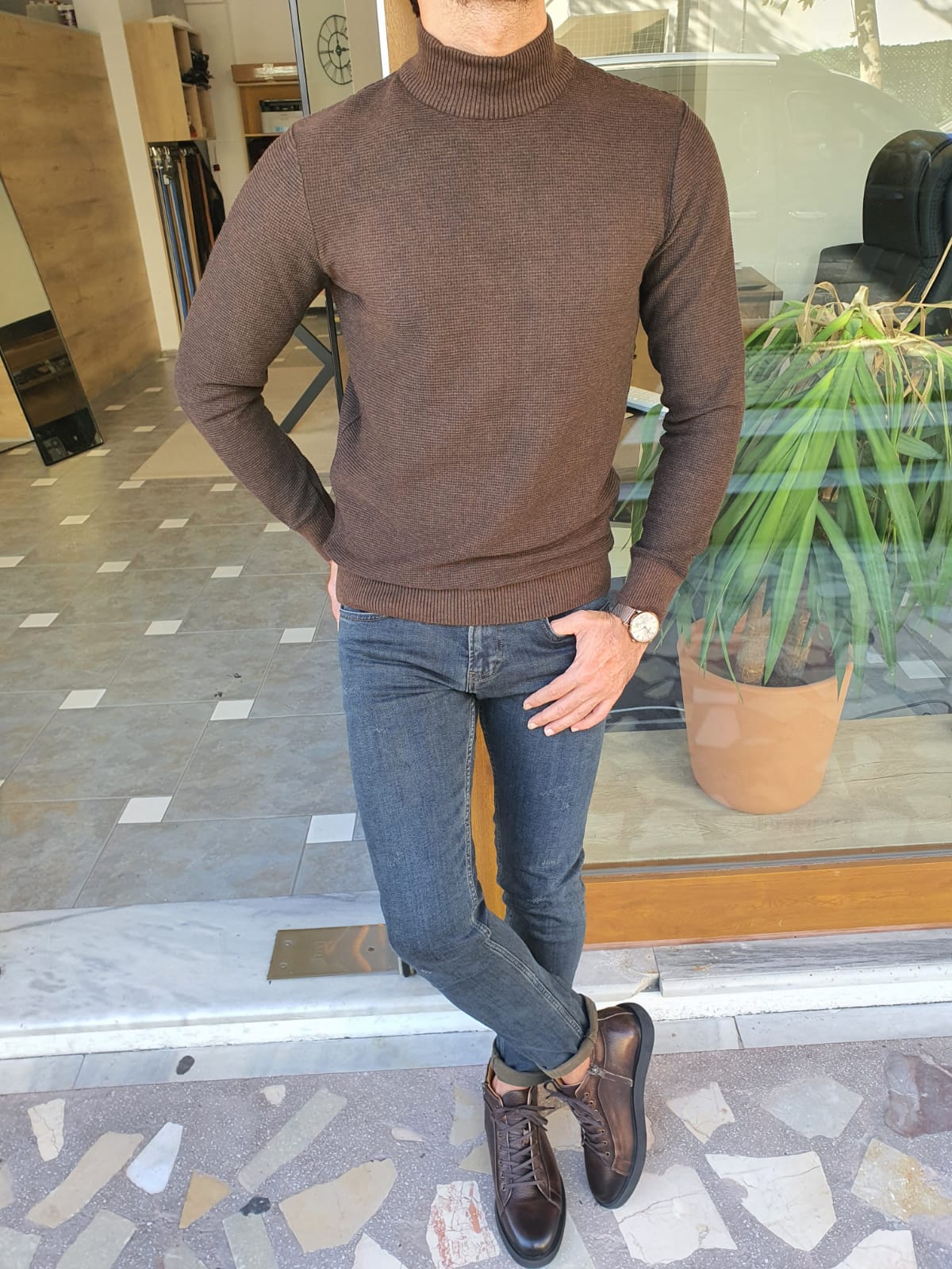Lawton Brown Slim Fit Mock Turtleneck Sweater