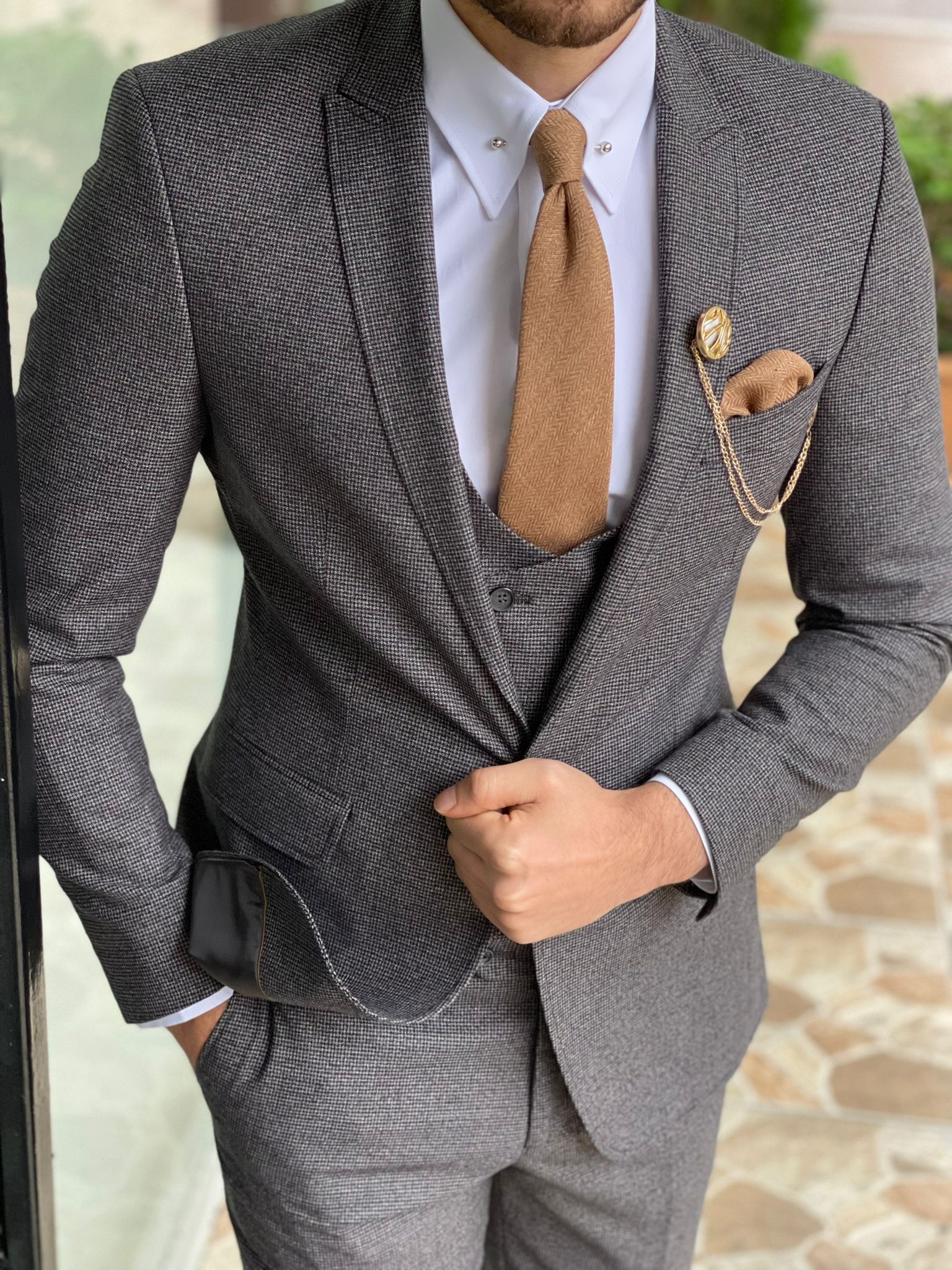 Davis Gray Slim Fit Peak Lapel Wool Suit