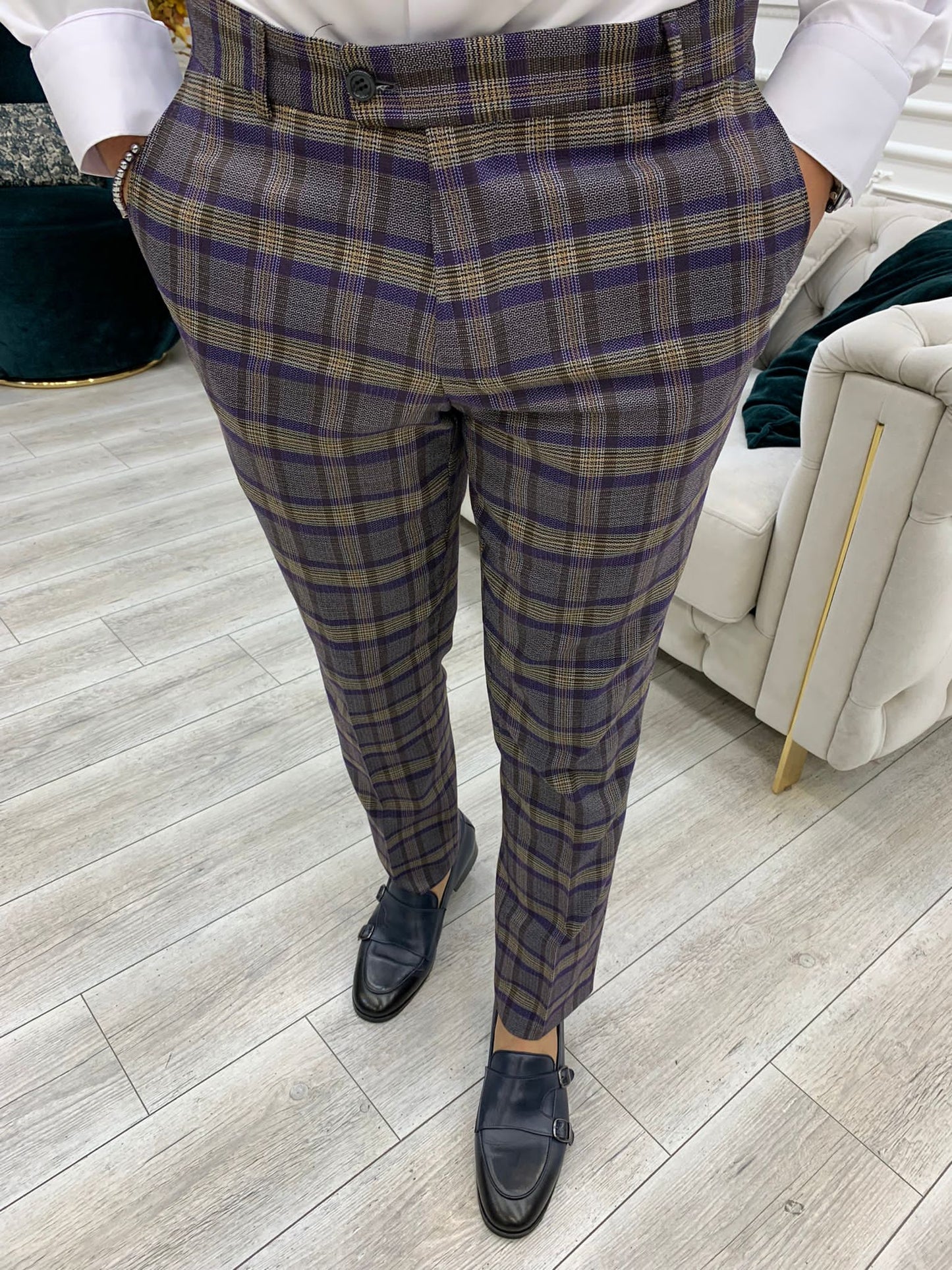 Vince Purple Slim Fit Double Breasted Plaid Suit