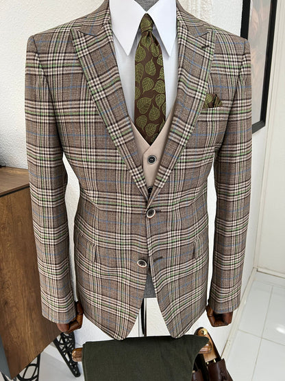 Lenzi Slim Fit Pointed Collared Beige & Khaki Combination Suit