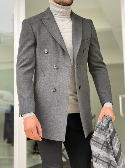 Viena Dark Gray Slim Fit Double Breasted Wool Long Coat