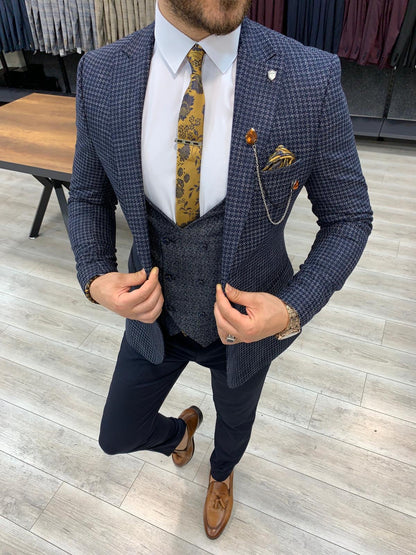 Wilson Navy Blue Slim Fit Plaid Check Suit