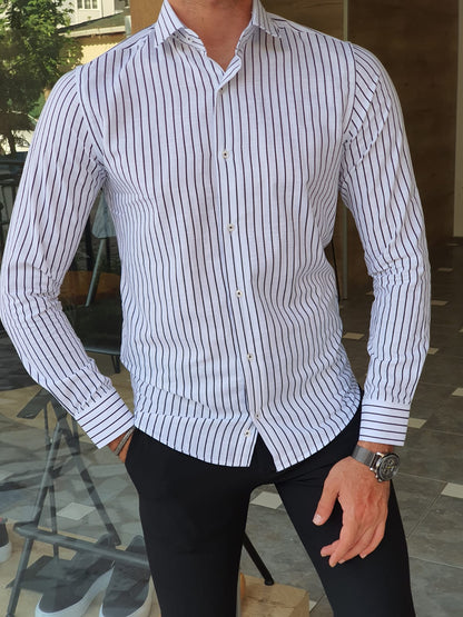 Berton Black Slim Fit Long Sleeve Striped Cotton Shirt