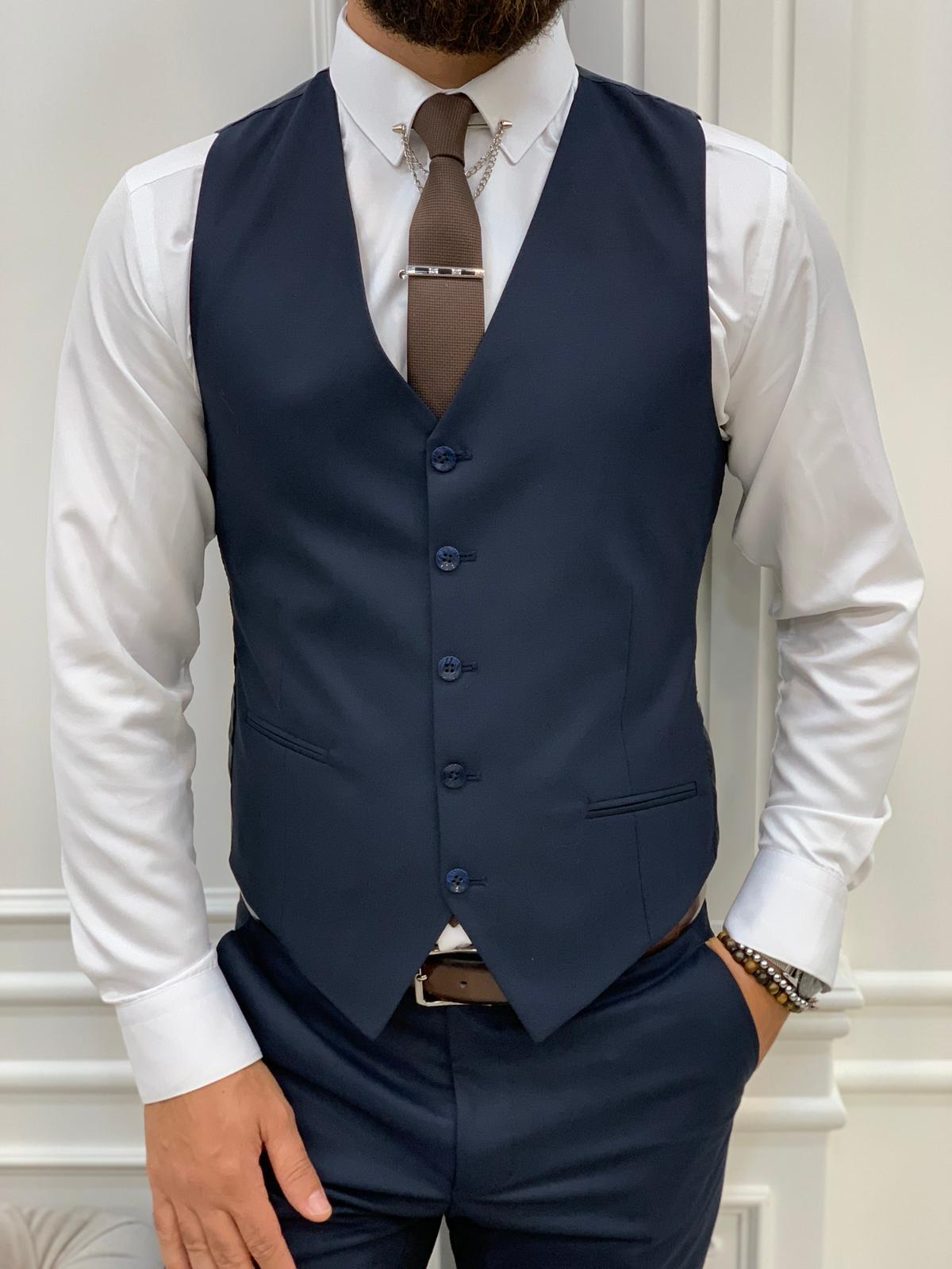 Barrua Navy Blue Slim Fit Peak Lapel Striped Suit