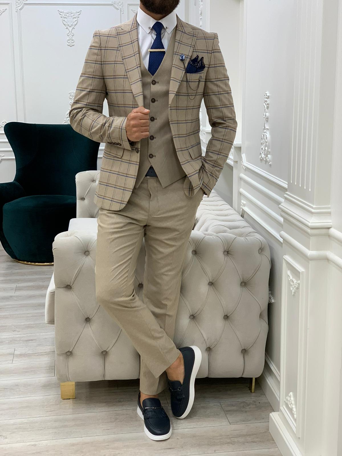 Olympia Cream Slim Fit Peak Lapel Plaid Suit