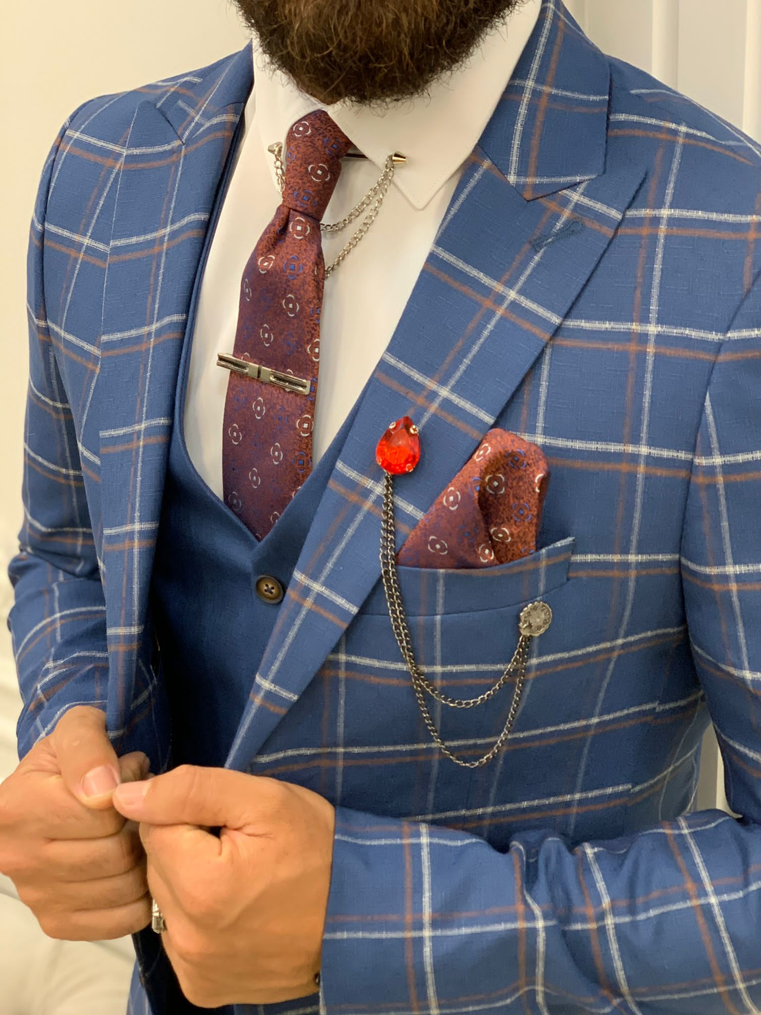 Moustache plaid peak-lapel suit - Blue