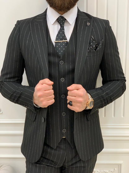 Lagos Black Slim Fit Peak Lapel Pinstripe Suit