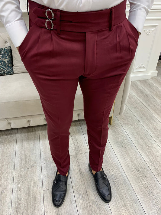 Burgundy Buckled Canvas Trousers