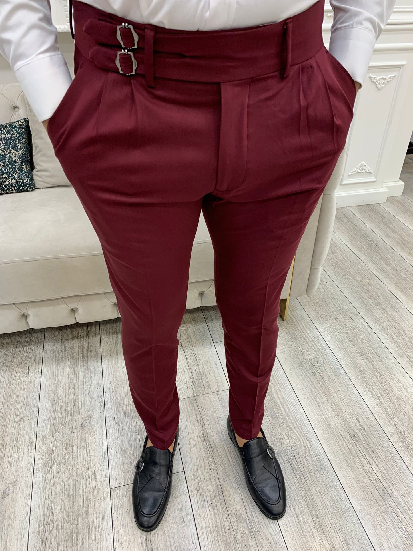 Burgundy Buckled Canvas Trousers – BRABION