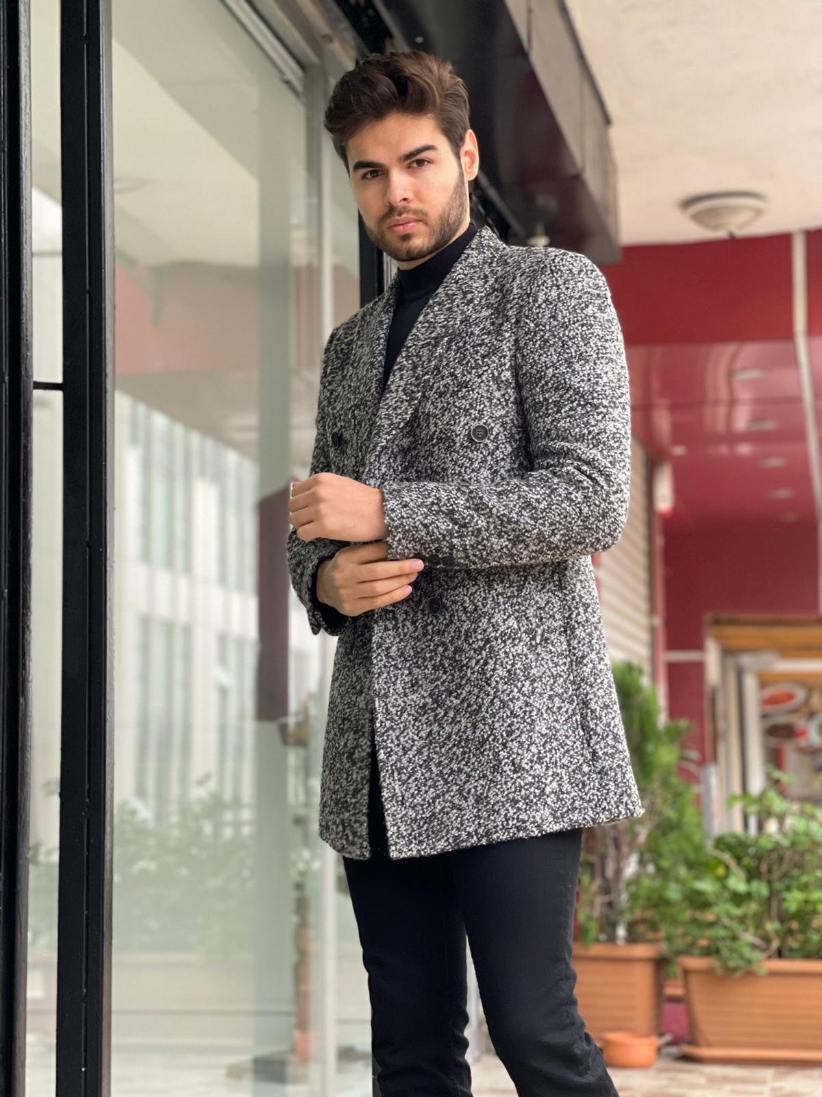 Davis Gray Patterned Double-Breasted Wool Coat