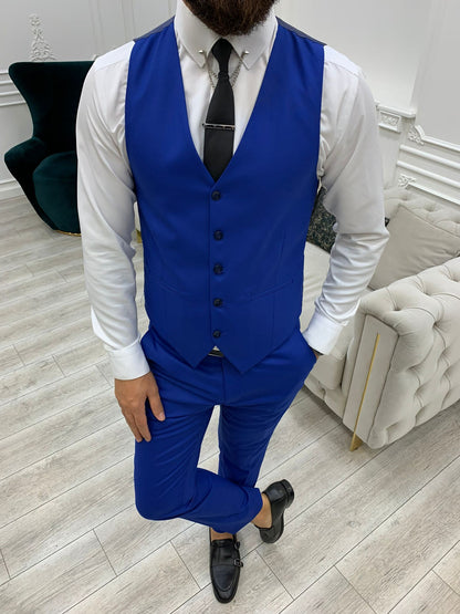 Barrua Blue Slim Fit Peak Lapel Striped Suit