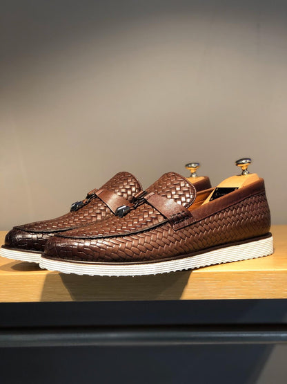 Odessa Brown Woven Leather Tassel Loafer