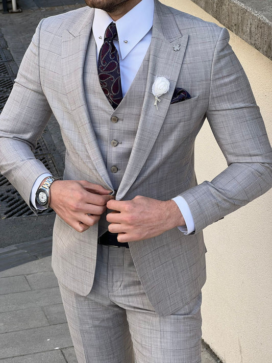 Edmond Light Gray Peak Lapel Plaid Wool Suit