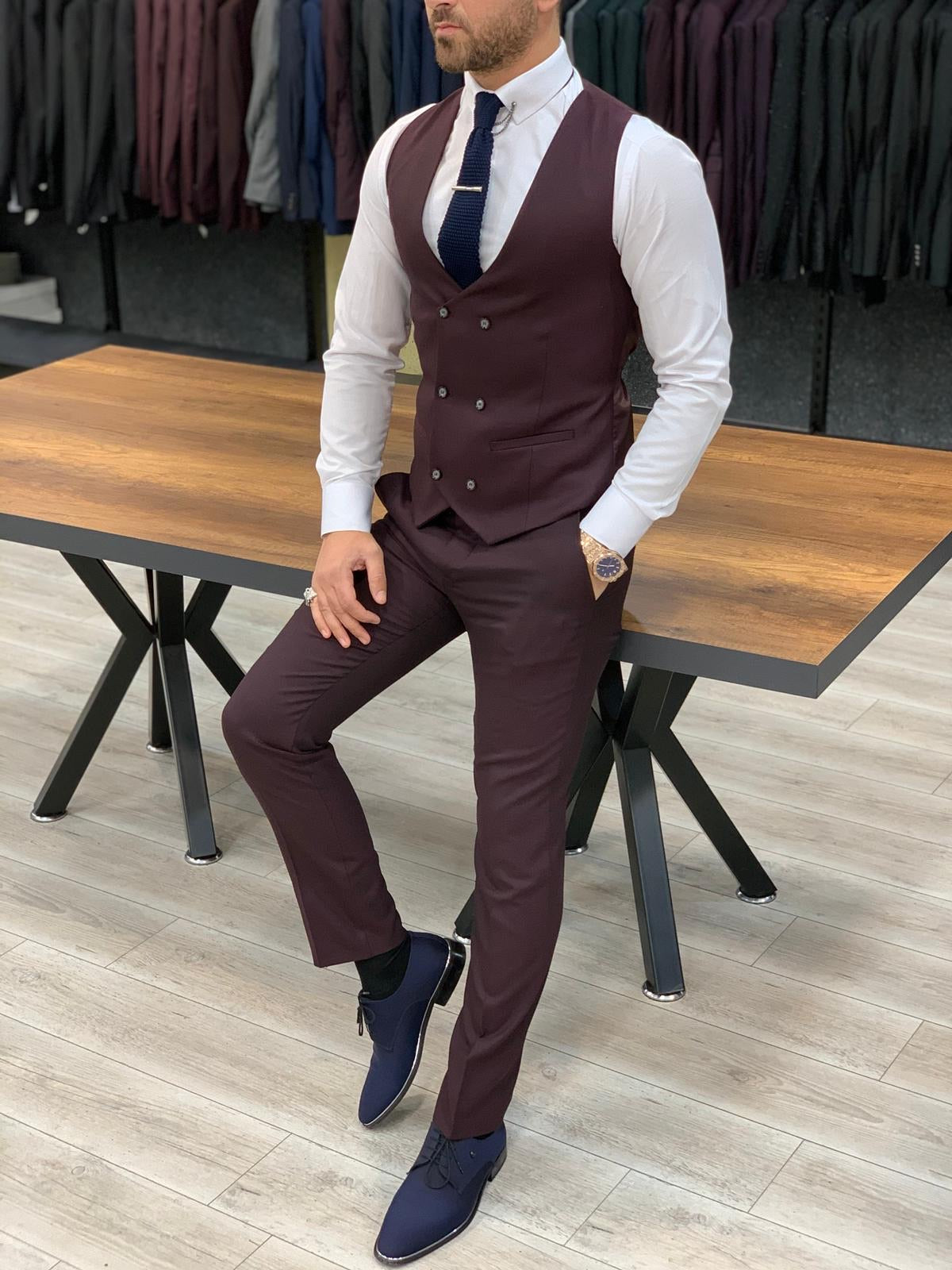 London Burgundy Slim Fit Pinstripe Suit