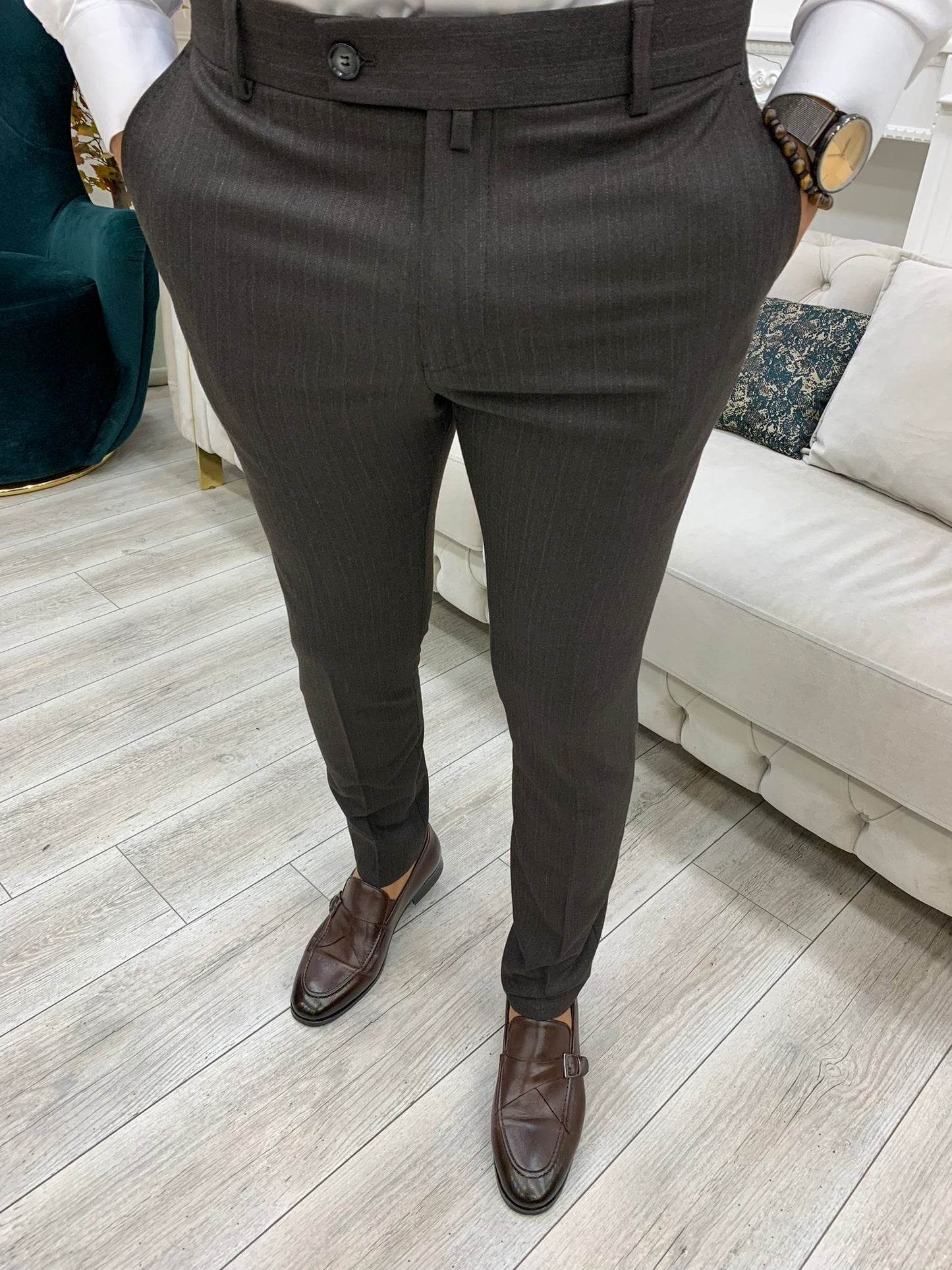 Serra Coffee Slim Fit Striped Pants