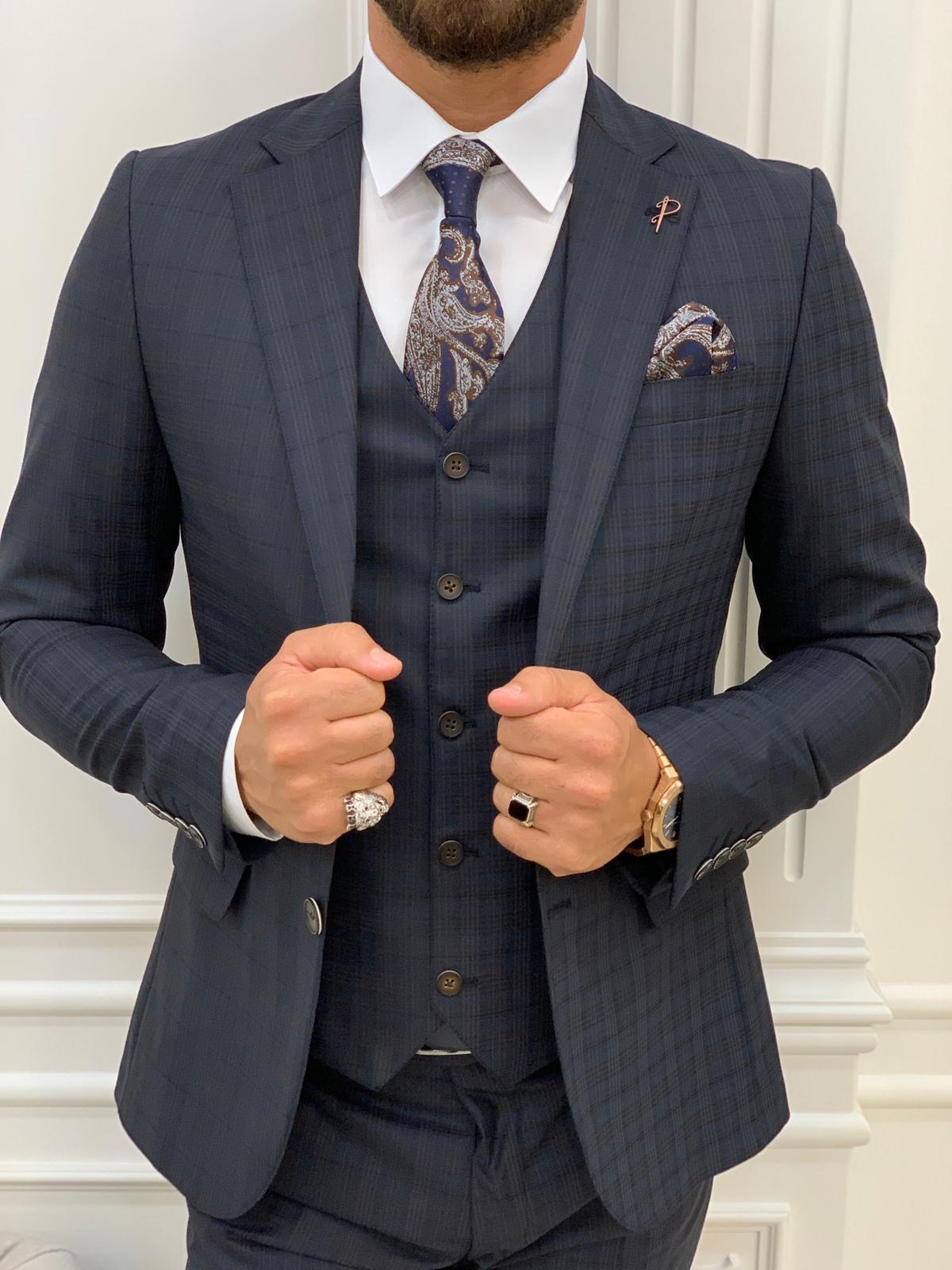 Dayton Navy Blue Slim Fit Notch Lapel Plaid Suit – BRABION