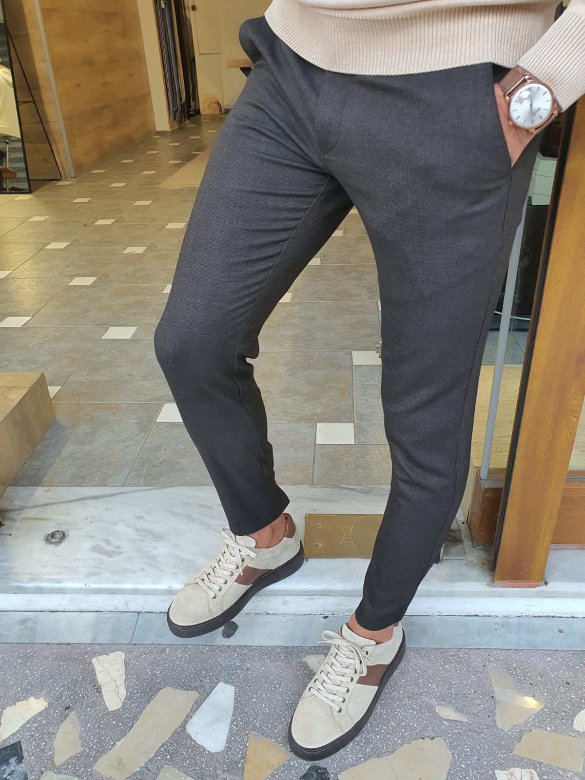 Lazio Dark Brown Slim Fit Linen Pants
