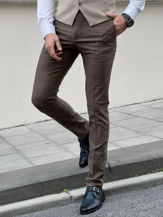 Fabio Brown Plaid Slim Fit Woolen Pants