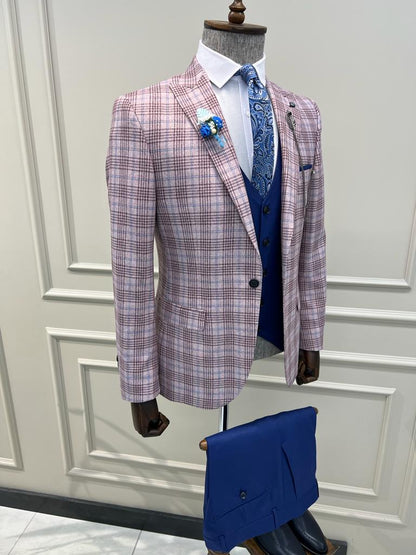 Bensen Slim Fit Plaid Striped Combination Blue Suit