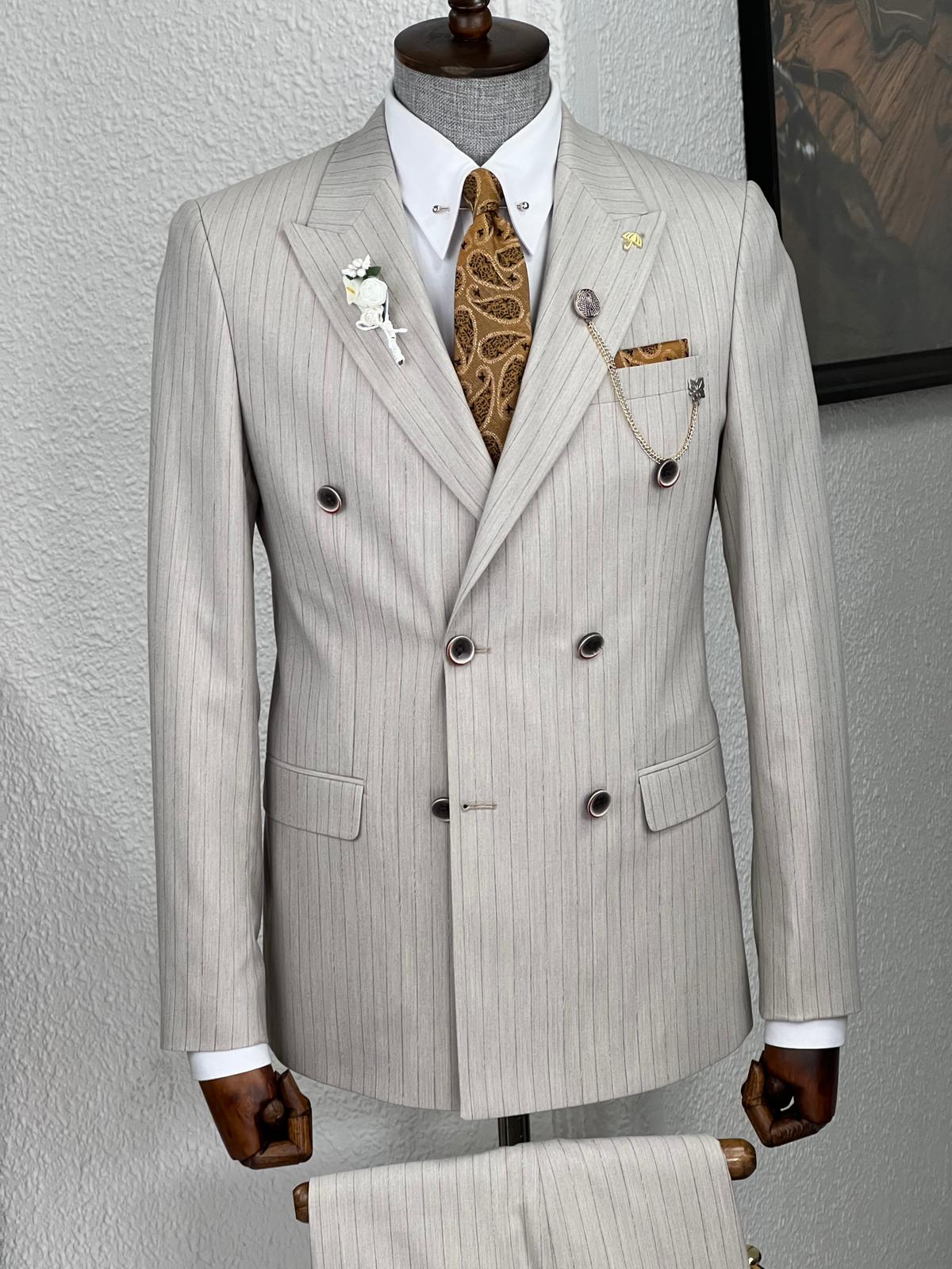 Veneta Slim Fit High Quality Striped Double Breasted Beige Woolen Suit
