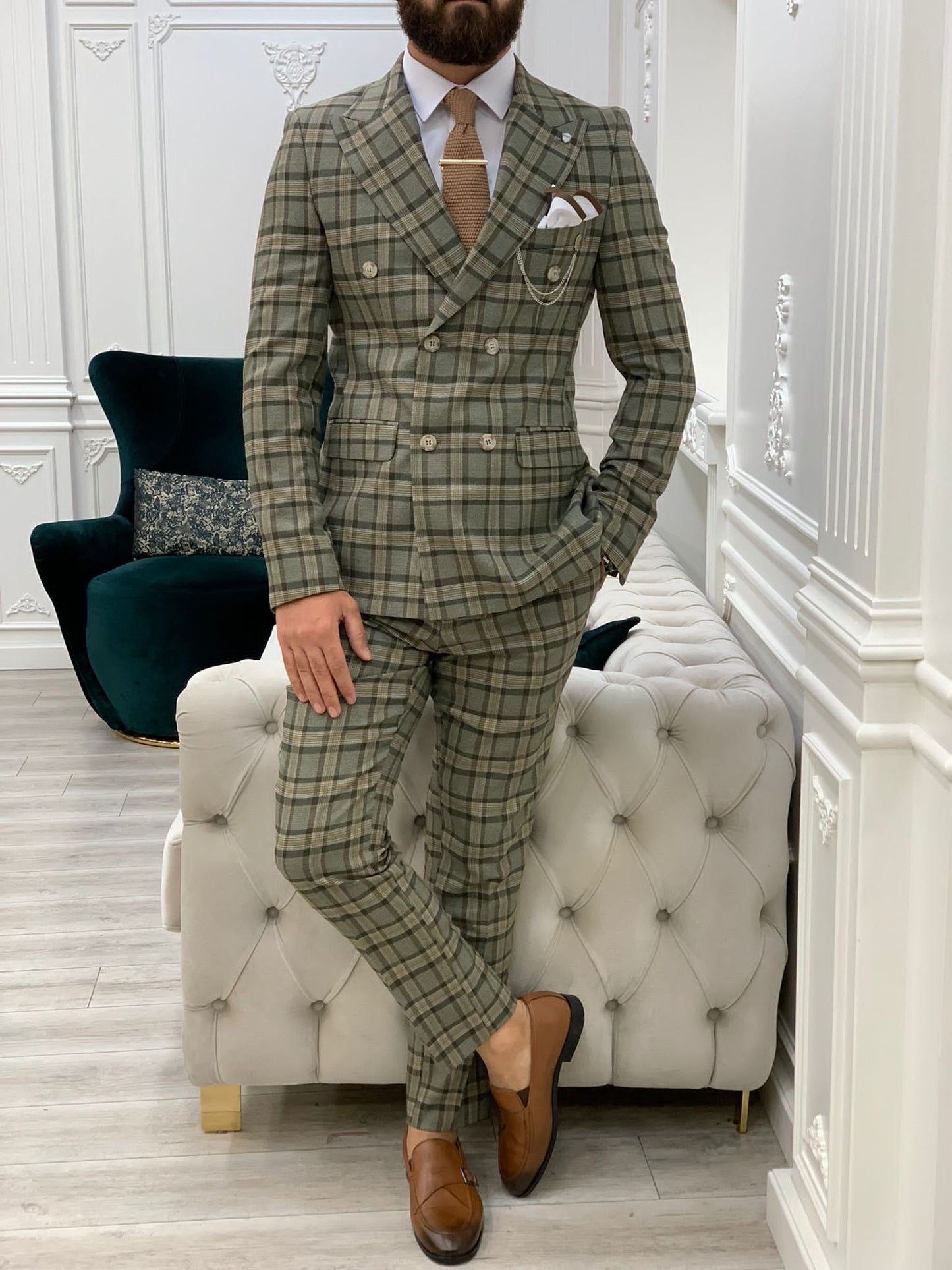 Vince Khaki Slim Fit Double Breasted Plaid Suit