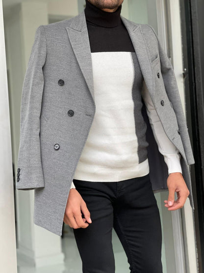 Viena Gray Slim Fit Double Breasted Wool Long Coat