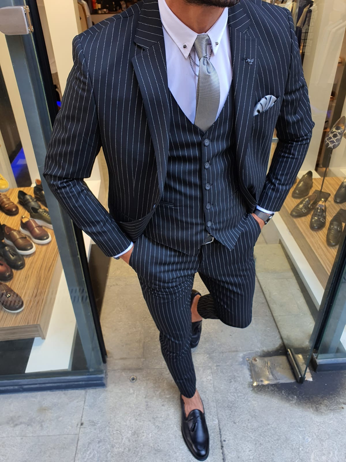 Reno Black Slim Fit Pinstripe Suit