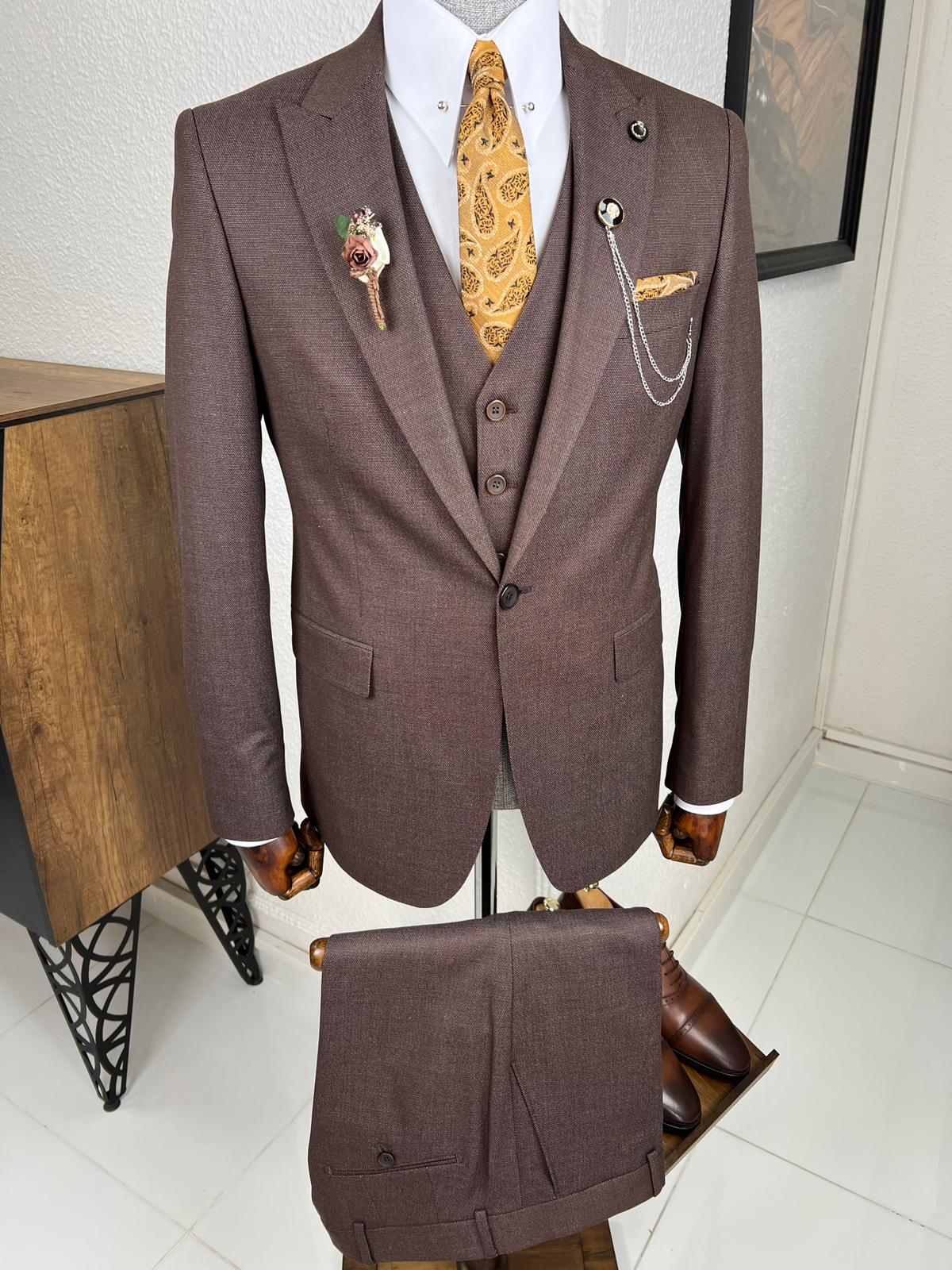 Veneta Slim Fit High Quality Brown Woolen Suit