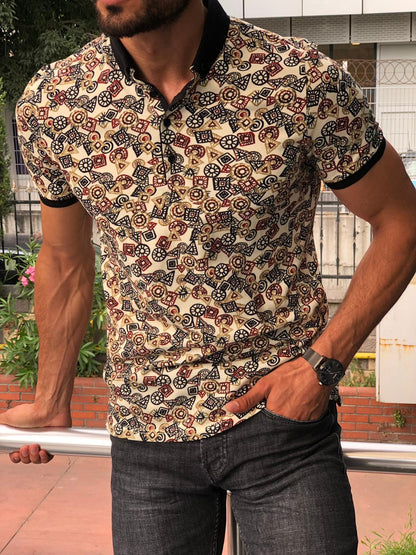 Beige Patterned Polo Shirt