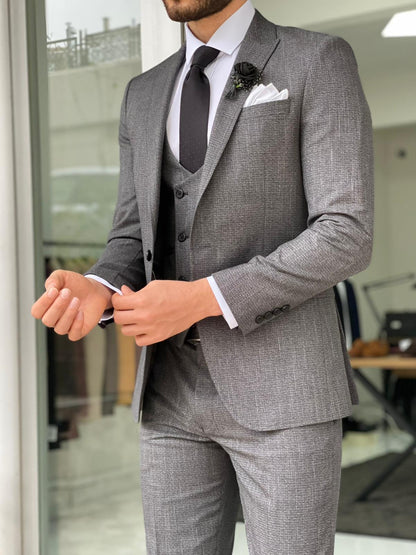 Capel Gray Slim Fit Peak Lapel Plaid Wool Suit