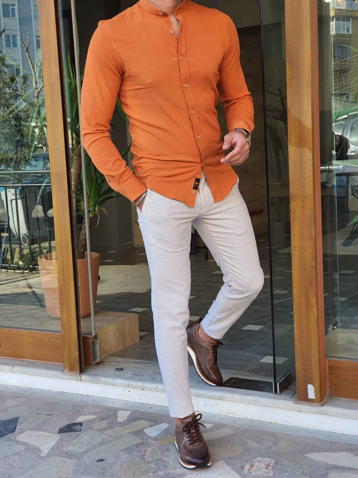 Aron Orange Slim Fit Long Sleeve Cotton Shirt