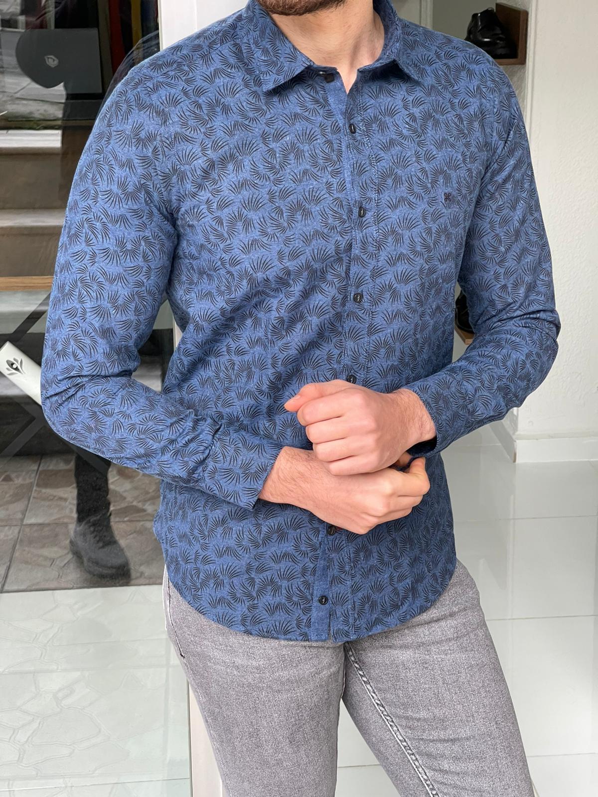 Brabion Stefano Indigo Slim Fit Patterned Cotton Shirt – BRABION