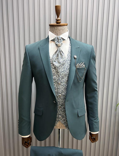 Sorento Green Slim Fit Floral Peak Lapel Groom Suit