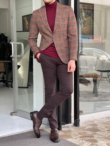 Remy Burgundy Slim Fit Peak Lapel Wool Plaid Blazer