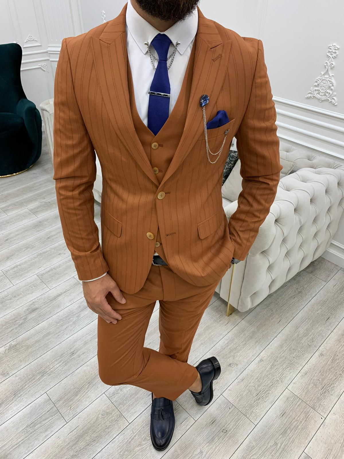 Barrua Tile Slim Fit Peak Lapel Striped Suit