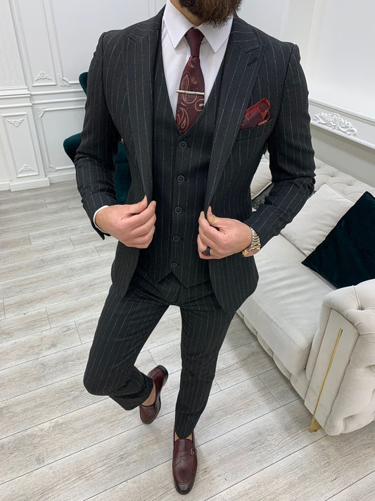 Lagos Dark Gray Slim Fit Peak Lapel Pinstripe Suit